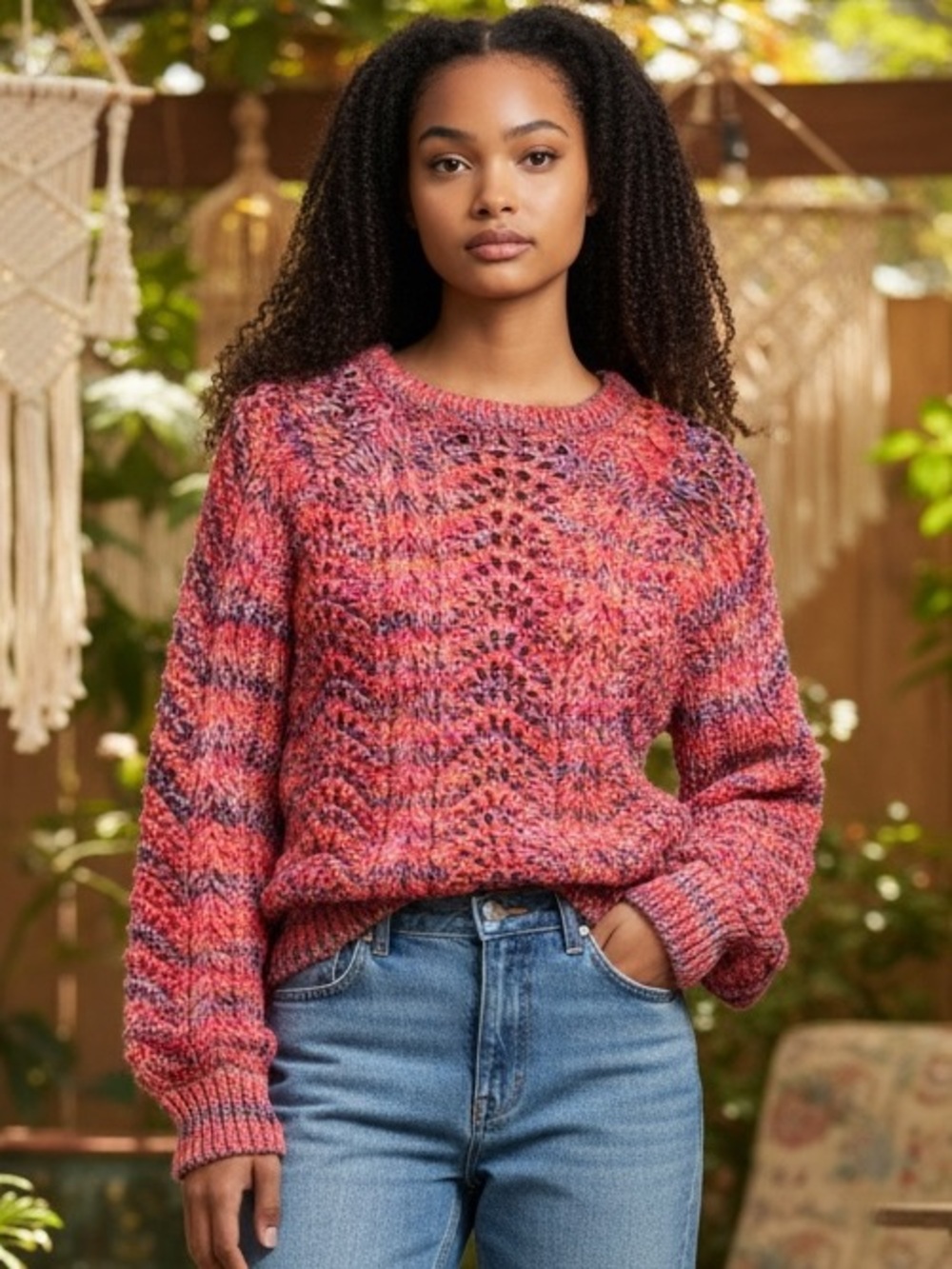 Marie Oliver Chunky Cable Knit Sweater Sz S Pink Jumper Boho Chevron Dopamine